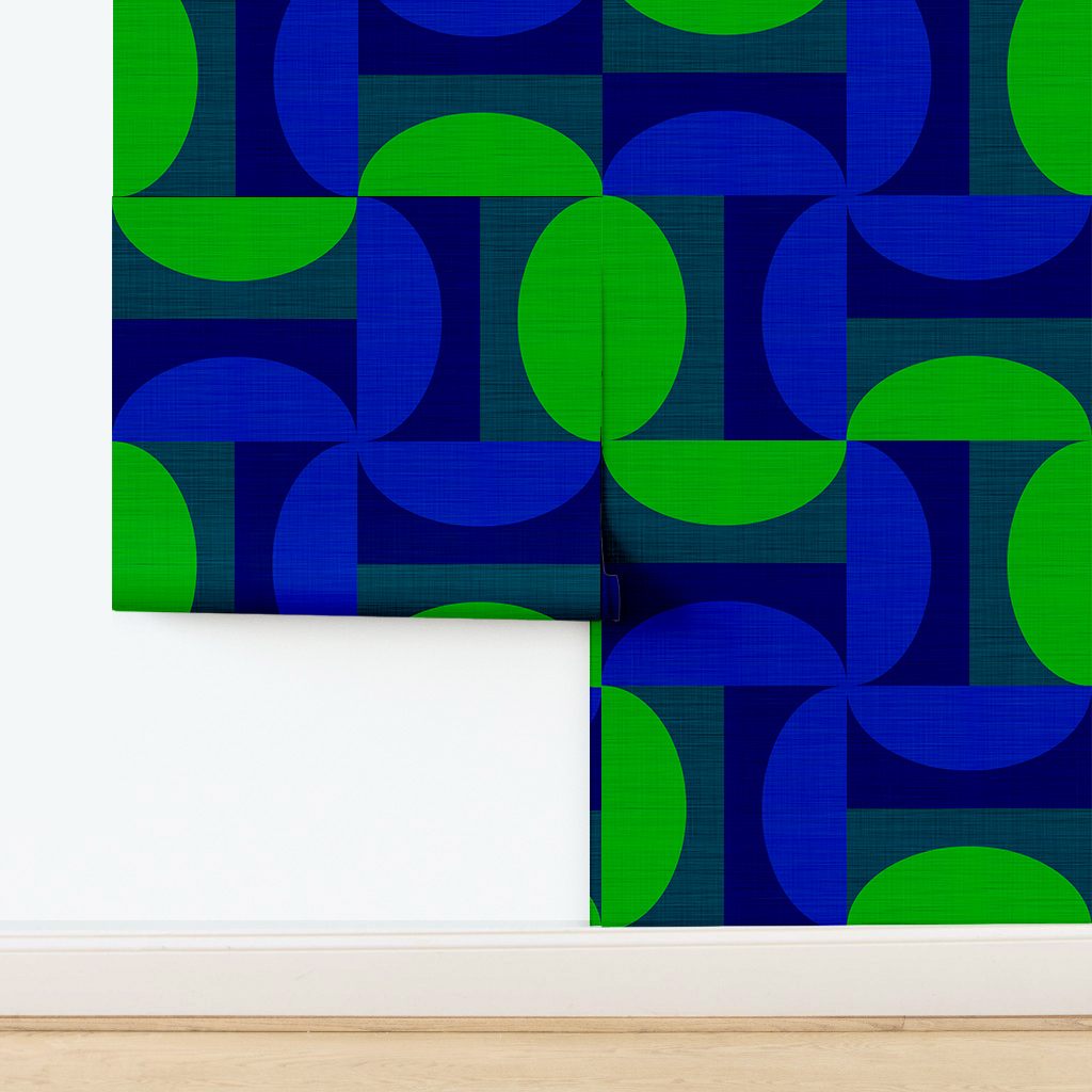The artwork features a repetitive geometric pattern with curved, teal shapes creating loops that flow in symmetrical vertical columns. Inside the loops, there are solid circular shapes alternating between green and blue, with green circles in the left column and blue circles in the right column. The white background accentuates the vivid colors and clean lines of the design. The overall composition is balanced with a modern, vibrant aesthetic.